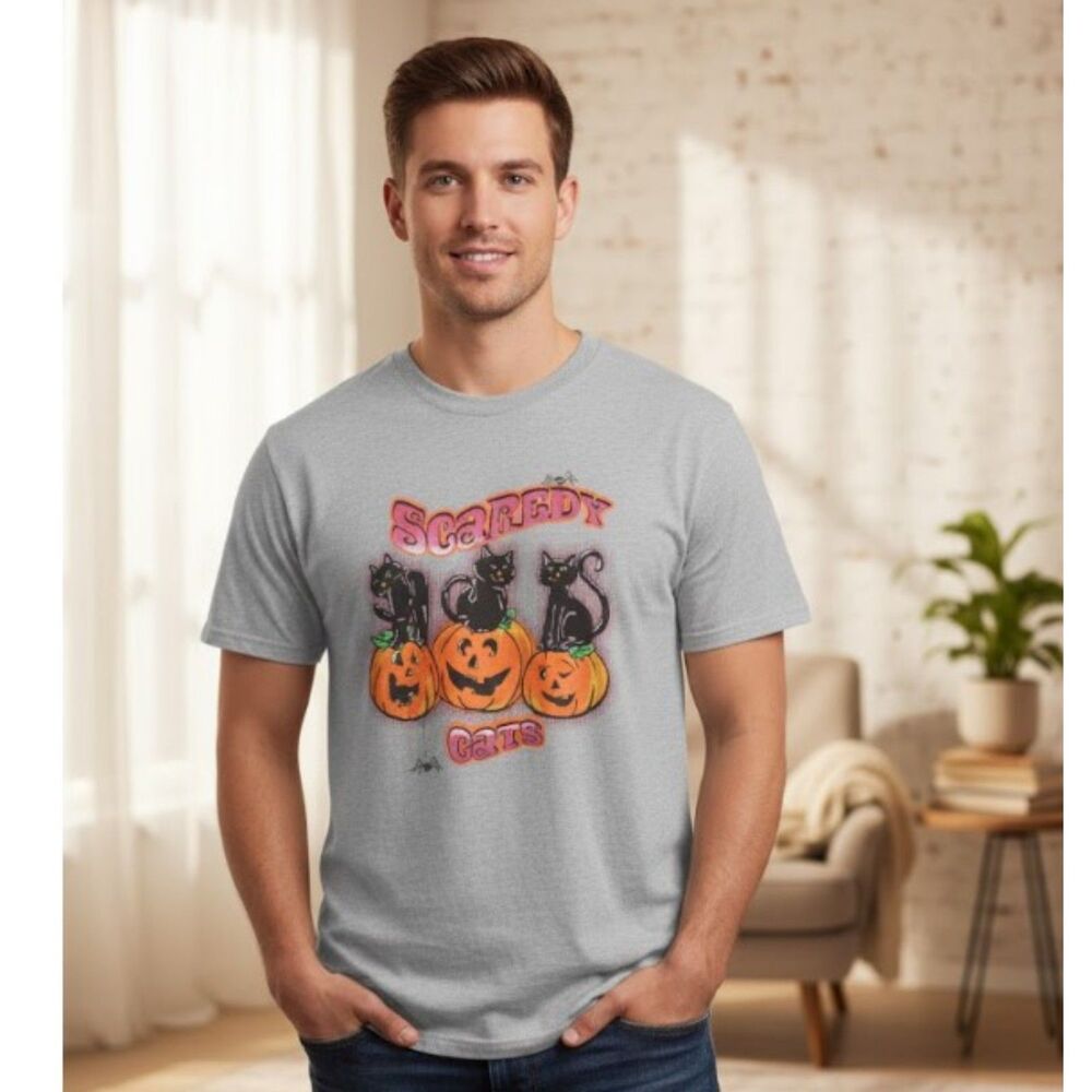 Scaredy Cats T Shirt Vintage 90s Gray Halloween Tee Pumpkins Holiday Size XL